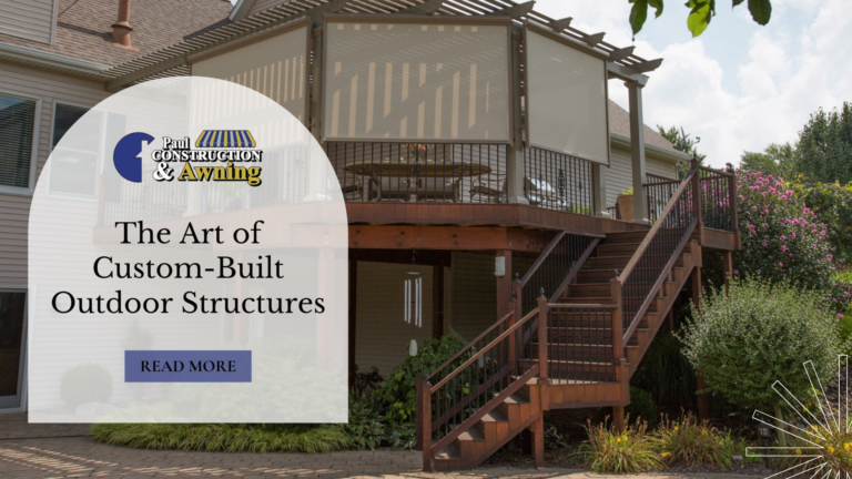 A two-level deck with a pergola and retractable screens attached to a house, along with the blog title and “Read More” below it.