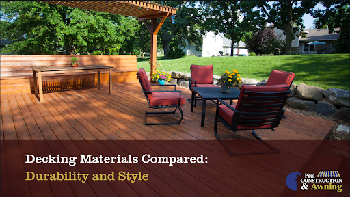 An image of a backyard with a wood deck and seating area with the blog title and logo