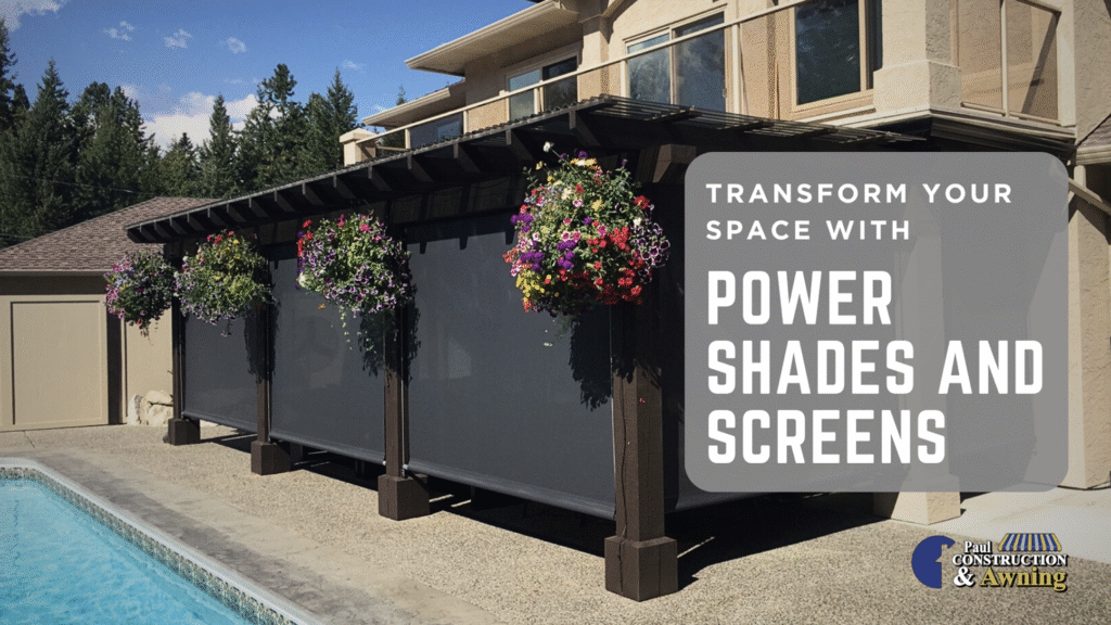Image of a pergola with dark grey motorized shades in front of a pool and the title of the blog in white.